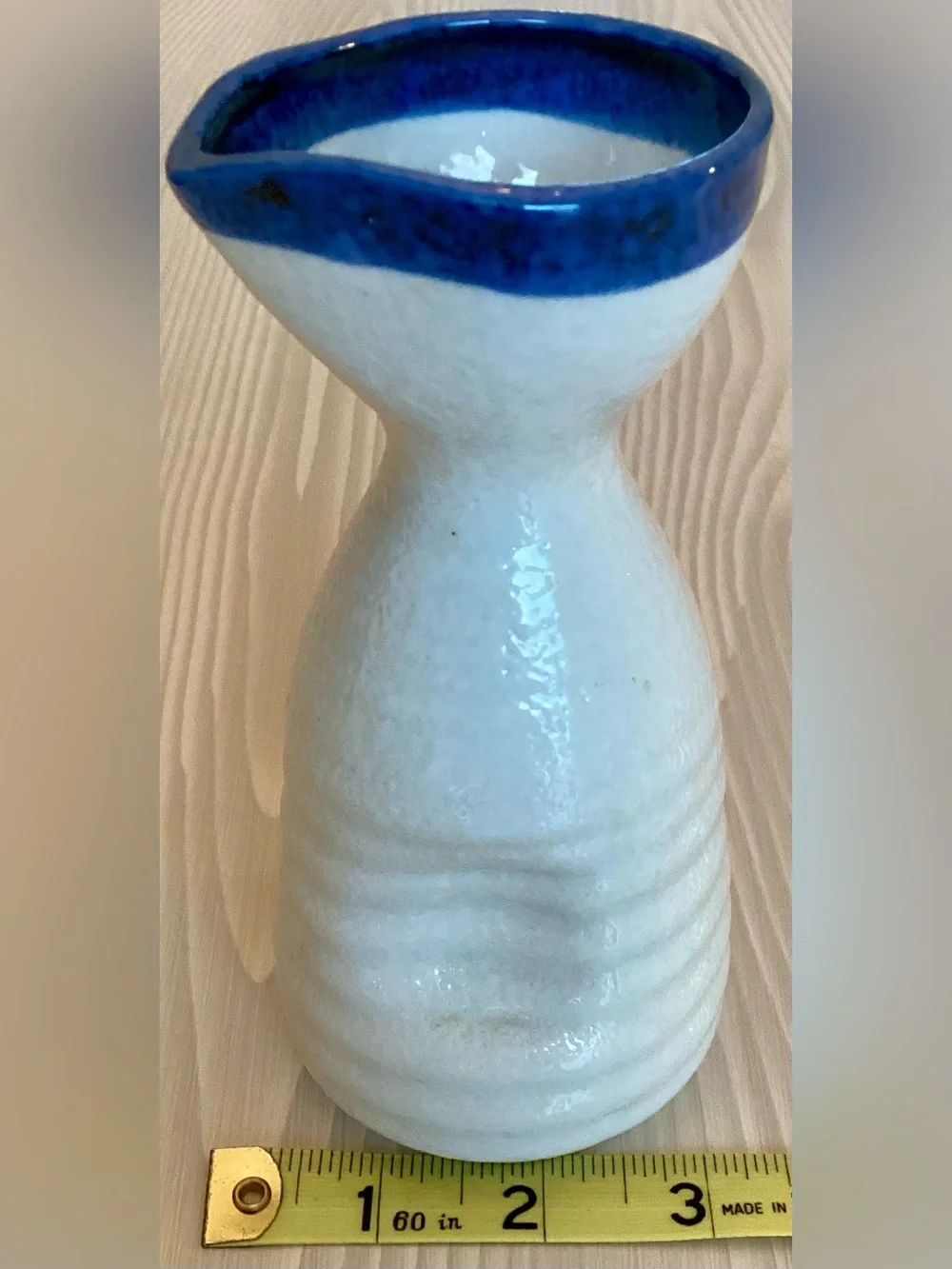 Pier 1 Imports Blue Rim White Ribbed Ceramic Sake Bottle Carafe Tokkuri Vase